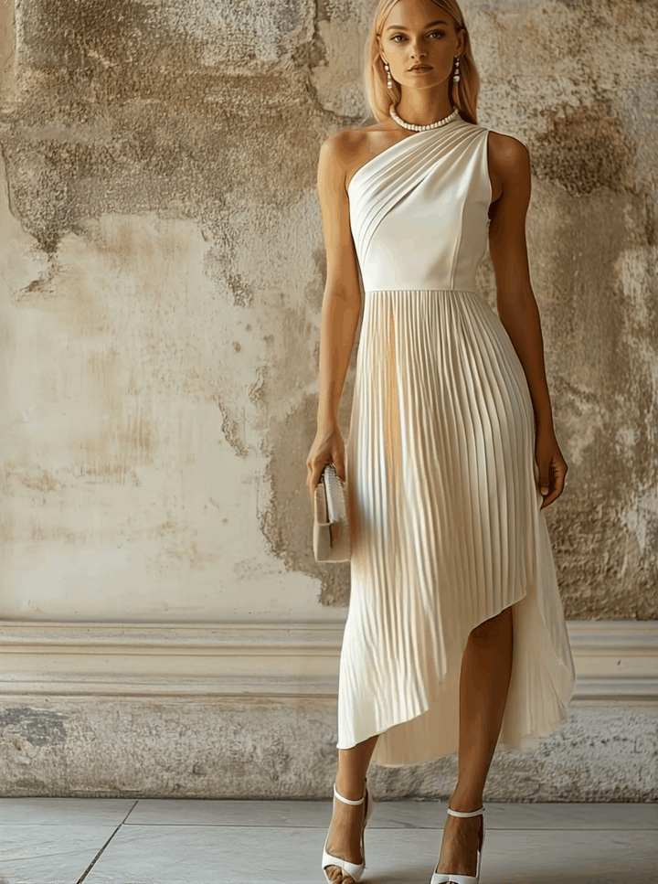 Luxurious Pleated Bias Cut Cotton Blend Textured Sleeveless White Evening Midi Dress