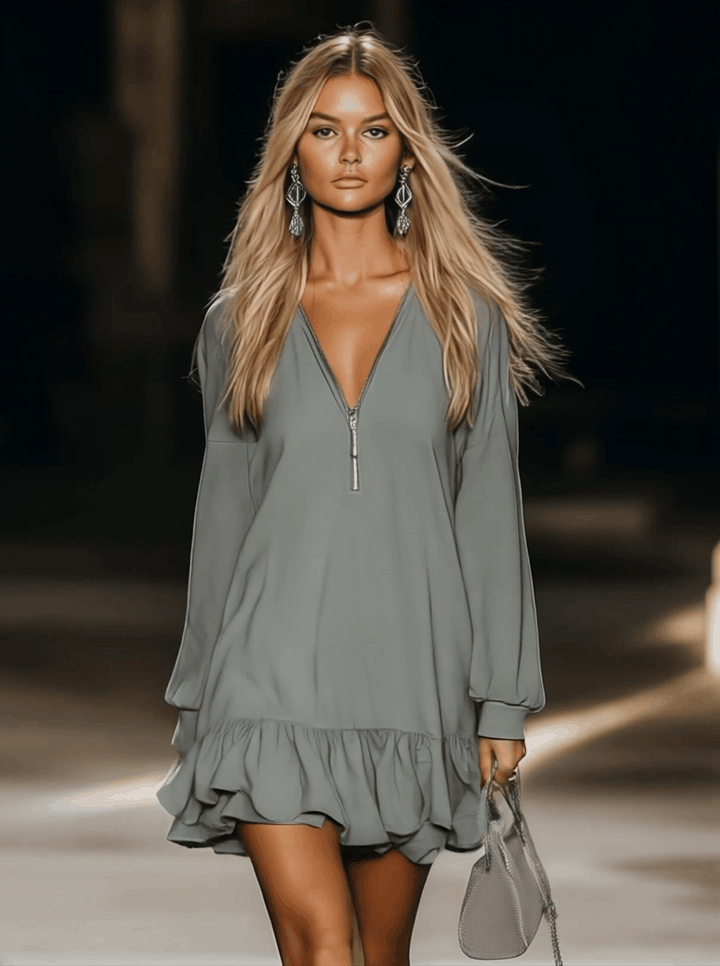 Casual Loose Fashion Zipper V-Neck Long Sleeve Lotus Leaf Hem Gray Mini Dress