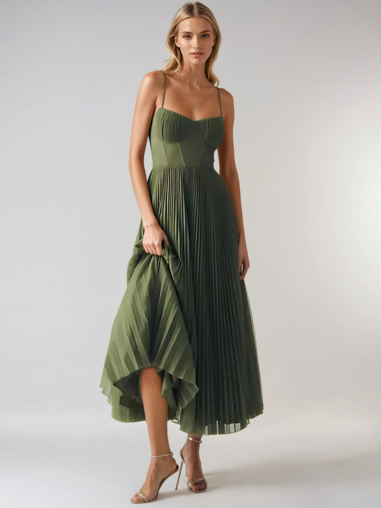 Stylish Sculpted Pleated Maxi Dress For Women With Figure Flattering Design