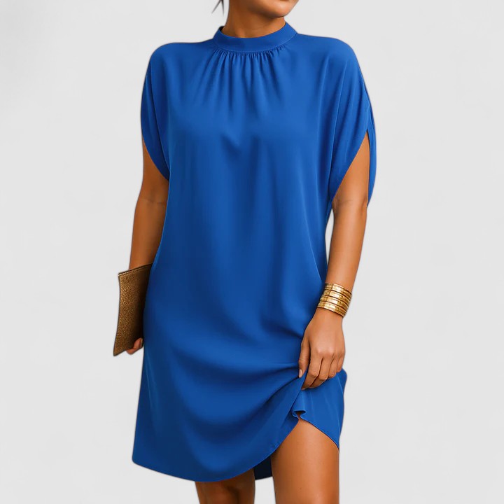 Luxuriously Soft Blush Pink Mock-Neck Batwing Crepe Texture Split-Sleeve Midi Dress