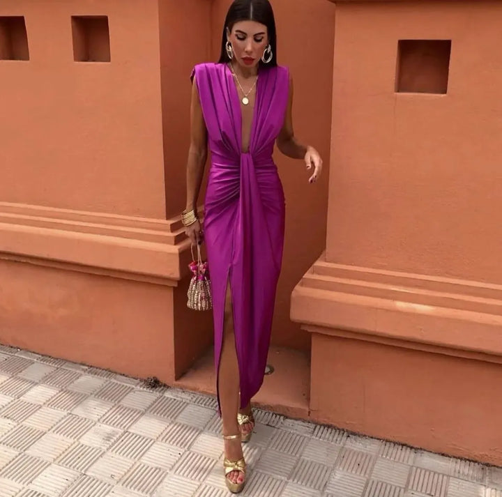 Timeless Exquisite Luxurious Pleated Georgette Crepe Draped Silhouette Midi Dress