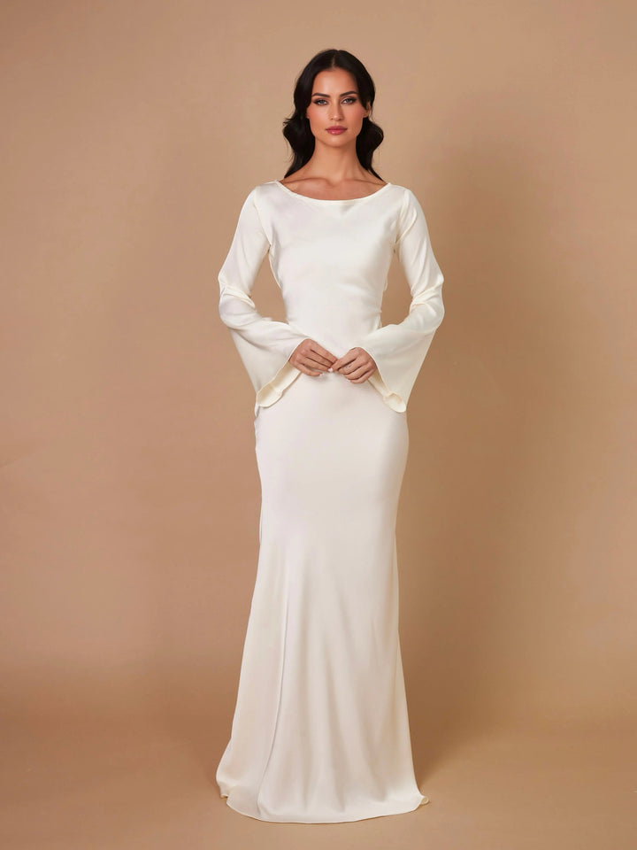 Luxurious Draped Long-Sleeve Satin Evening Floor-Length Maxi Silhouette Elegant Dress