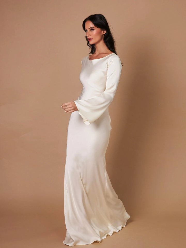 Luxurious Draped Long-Sleeve Satin Evening Floor-Length Maxi Silhouette Elegant Dress