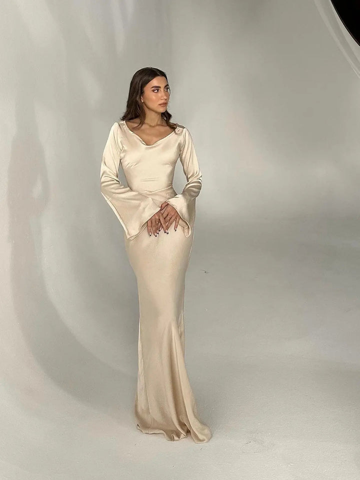 Luxurious Draped Long-Sleeve Satin Evening Floor-Length Maxi Silhouette Elegant Dress