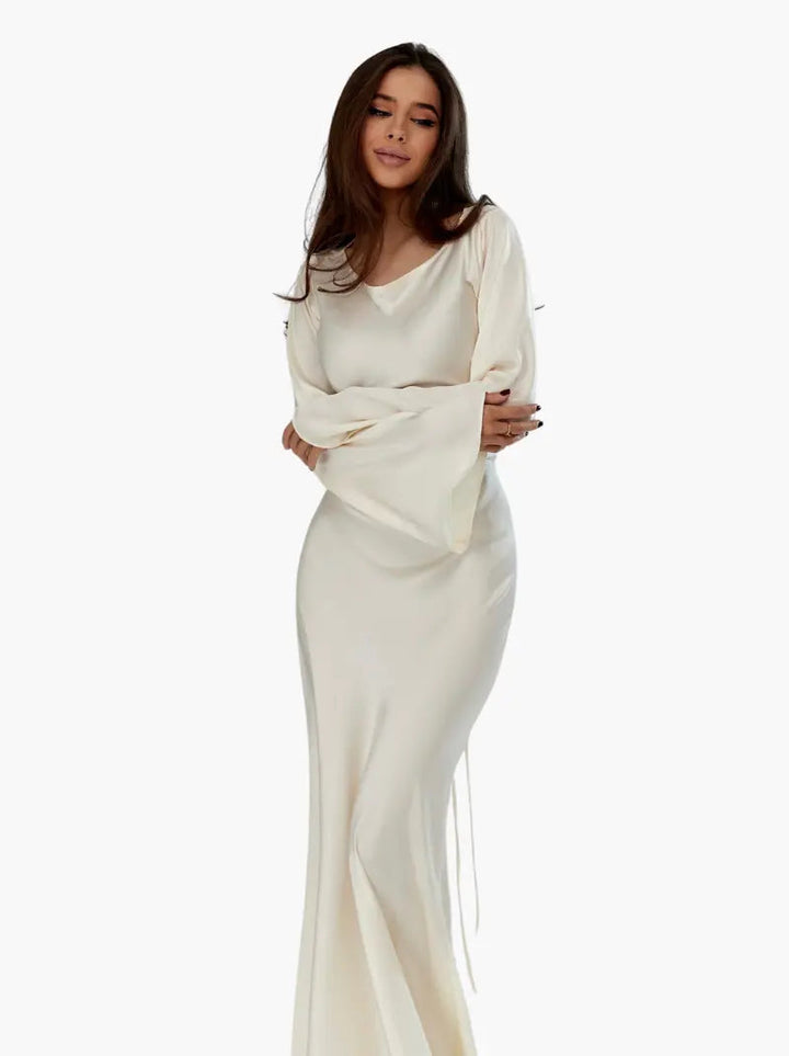 Luxurious Draped Long-Sleeve Satin Evening Floor-Length Maxi Silhouette Elegant Dress
