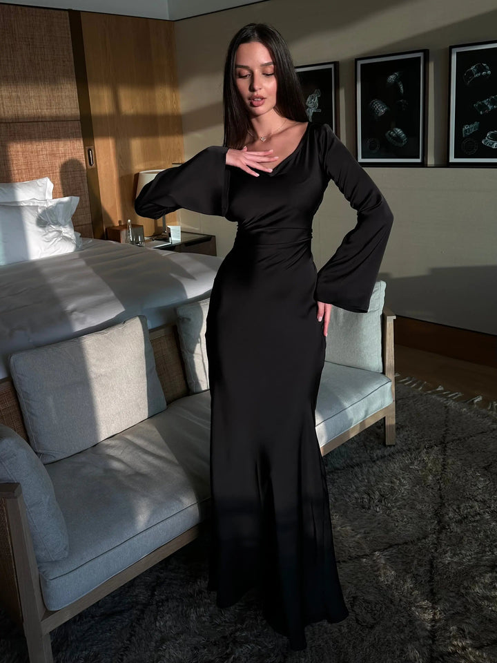 Luxurious Draped Long-Sleeve Satin Evening Floor-Length Maxi Silhouette Elegant Dress