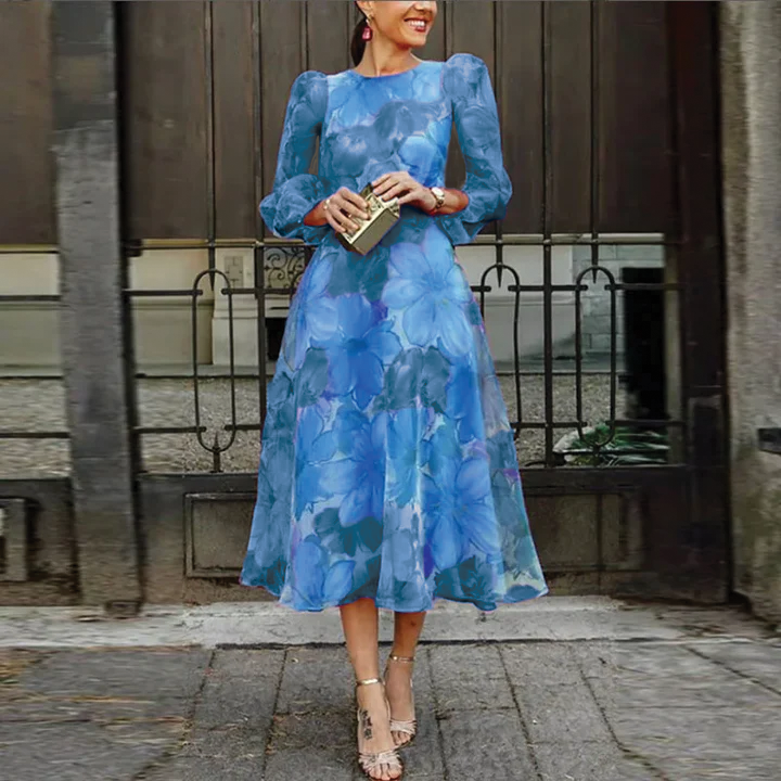 Luxurious Enchanting Watercolor Floral Chiffon With Exquisite Sleeves Midi Dress