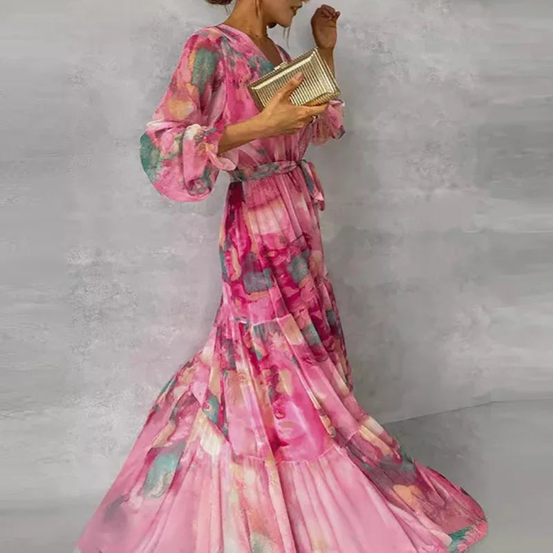 Elegant Flowing Silhouette FloralPrint Handcrafted Evening Garden Party Soirees Dress