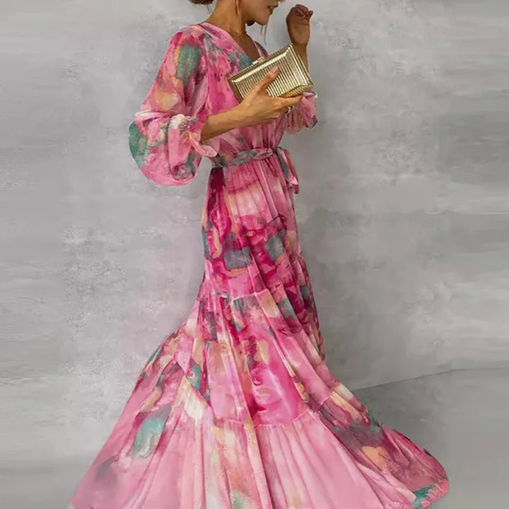 Elegant Flowing Silhouette FloralPrint Handcrafted Evening Garden Party Soirees Dress