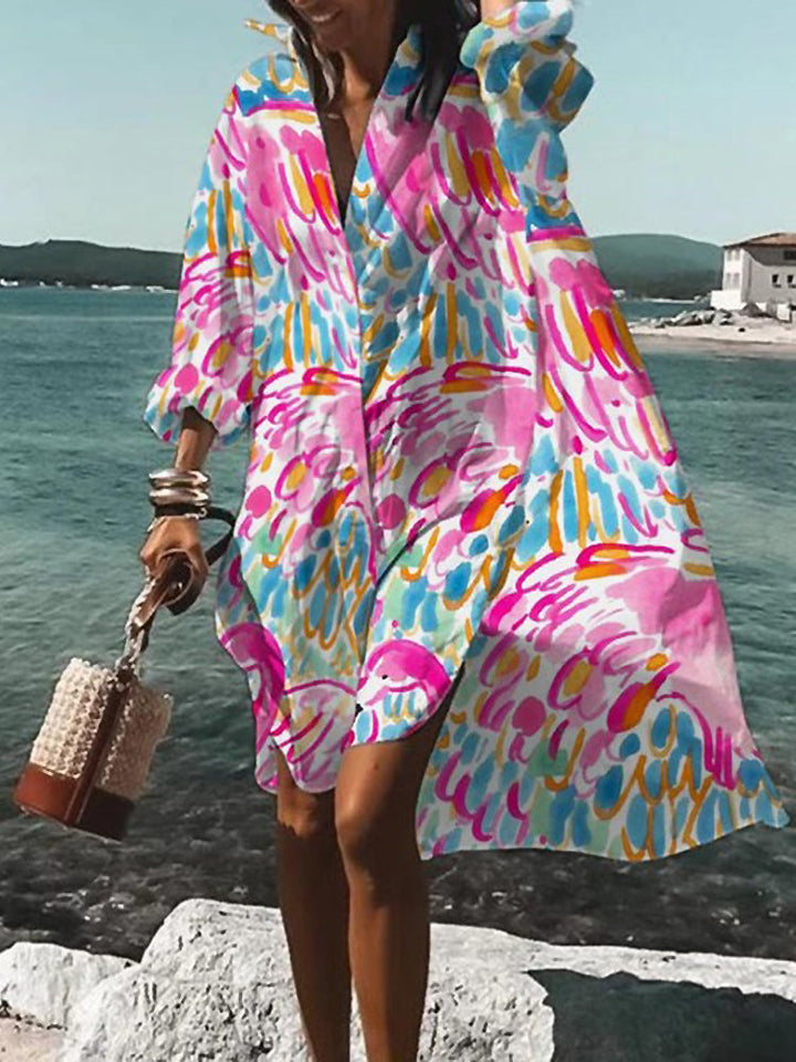 Relaxed Breezy Oversized Vibrant Printed Summer Midi Shirt Dress
