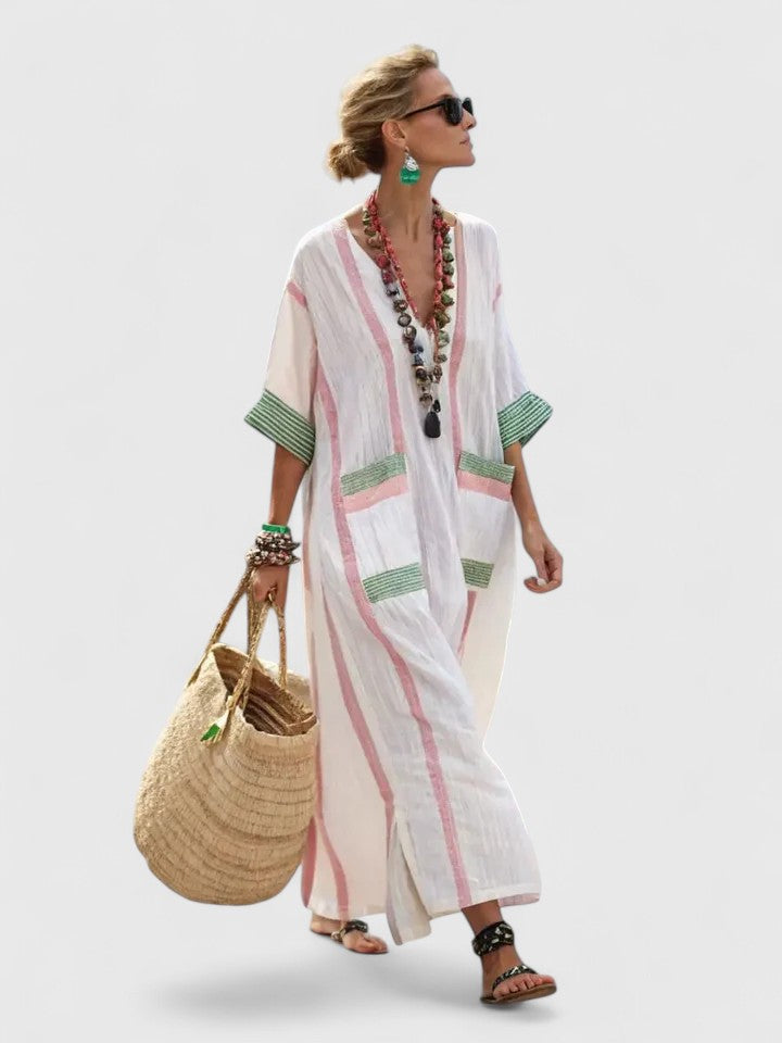 Women’s Striped Maxi Dress – Luxurious Deep V-Neck Draped Flowing Silhouette Dress