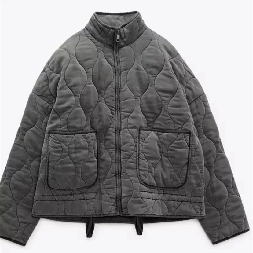 Ladies Cropped Padded Jacket with Pockets and Tie Belt