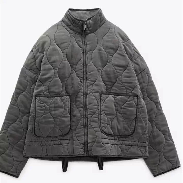 Ladies Cropped Padded Jacket with Pockets and Tie Belt