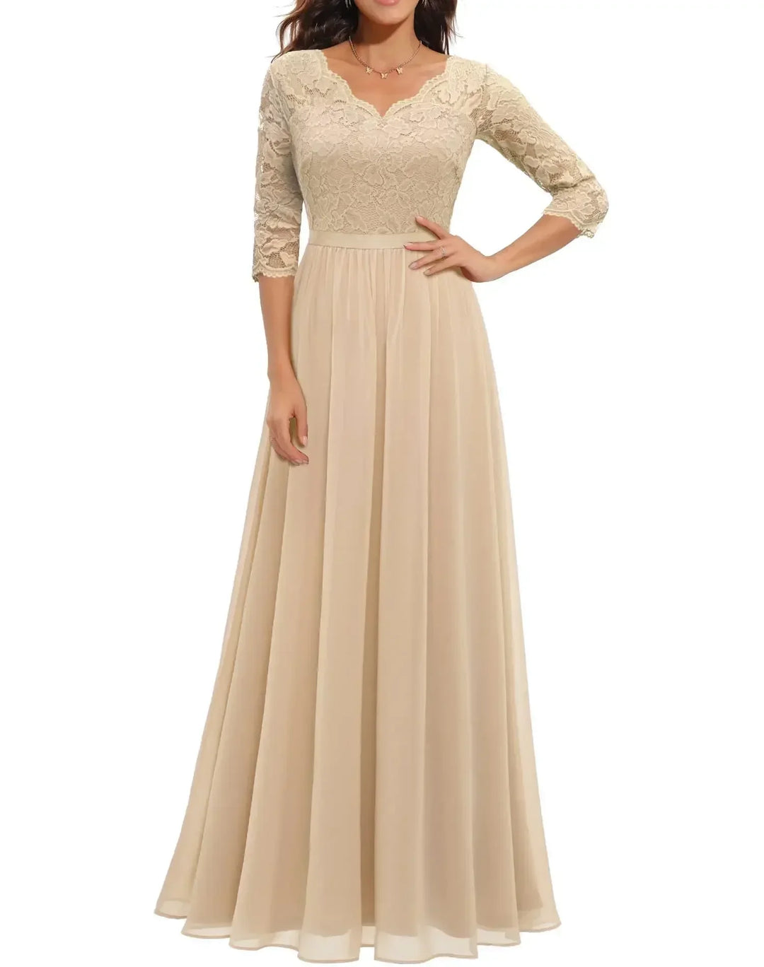 Elegant Alluring Lace Detailing Chantilly Lace Pattern Luxuriously Flowing Evening Gown