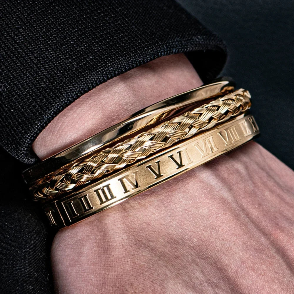 Roman Steel Three-Stack Bracelet Set
