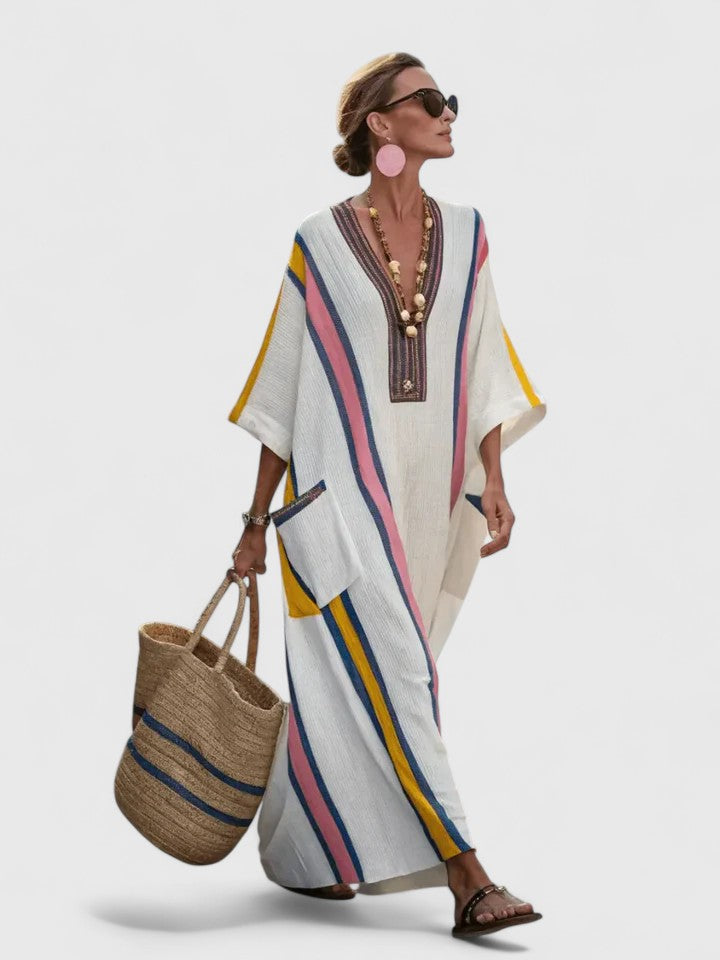 Women’s Striped Maxi Dress – Luxurious Deep V-Neck Draped Flowing Silhouette Dress