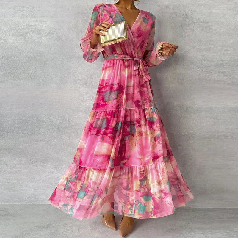 Elegant Flowing Silhouette FloralPrint Handcrafted Evening Garden Party Soirees Dress