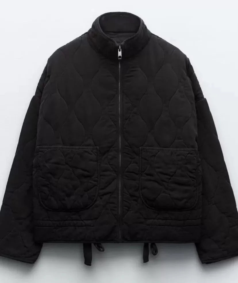 Ladies Cropped Padded Jacket with Pockets and Tie Belt