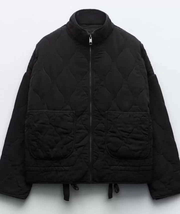 Ladies Cropped Padded Jacket with Pockets and Tie Belt