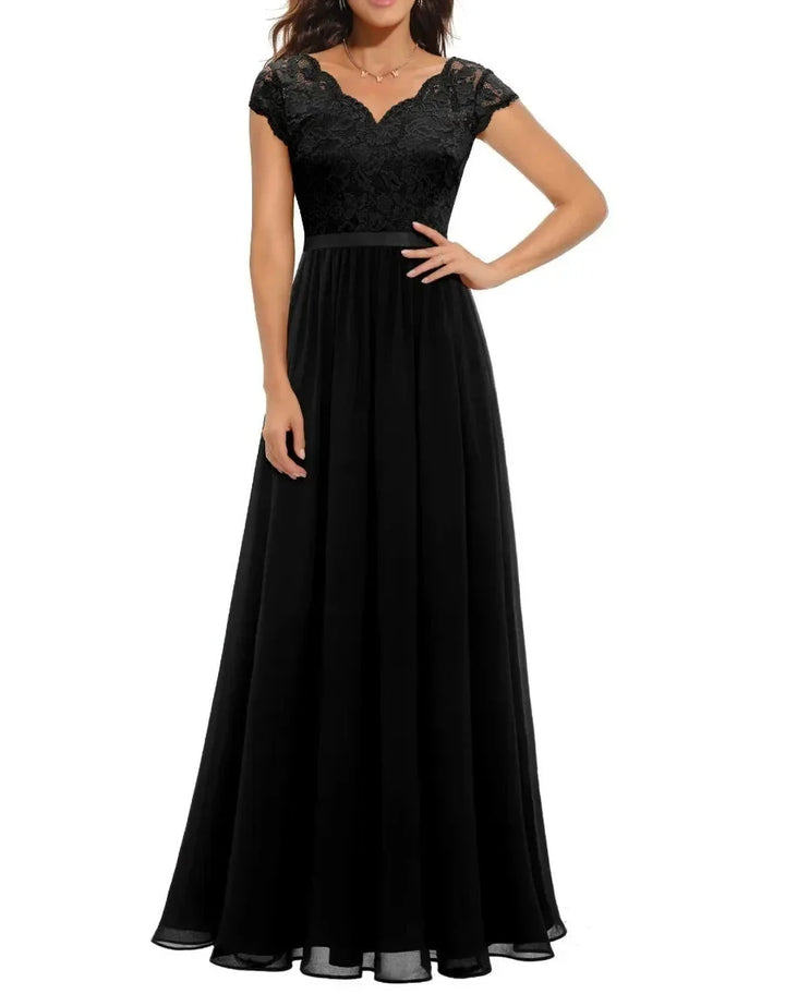 Elegant Alluring Lace Detailing Chantilly Lace Pattern Luxuriously Flowing Evening Gown