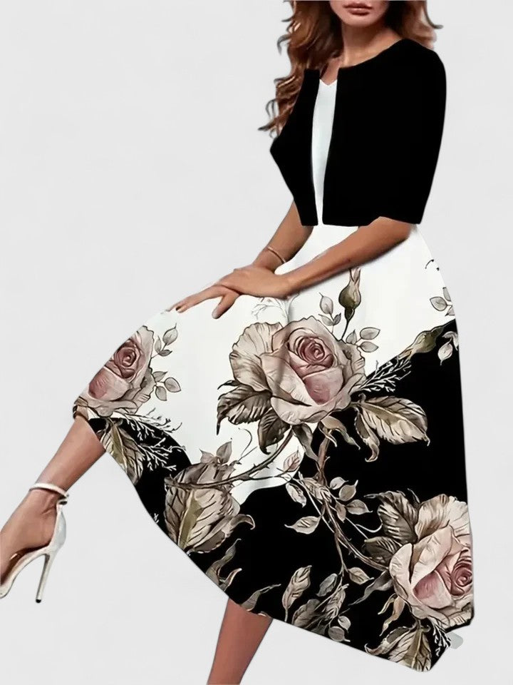 Women’s Color Block Floral Midi Dress – Royal Blue Dramatic Bodice Luxurious Dress