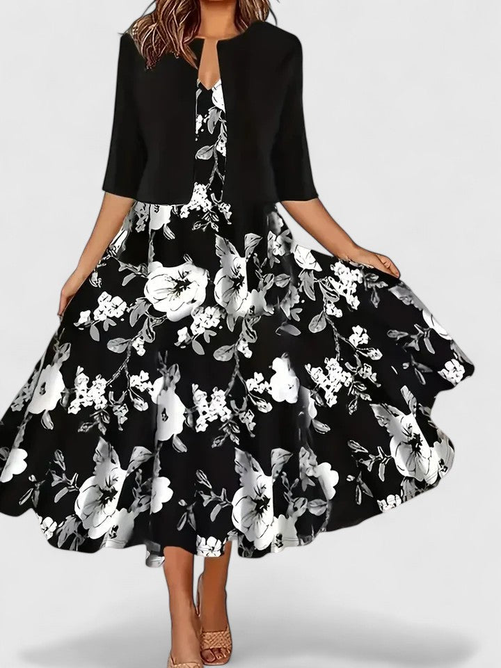 Women’s Color Block Floral Midi Dress – Royal Blue Dramatic Bodice Luxurious Dress