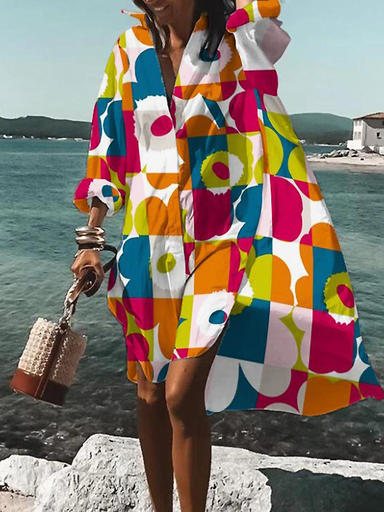 Relaxed Breezy Oversized Vibrant Printed Summer Midi Shirt Dress