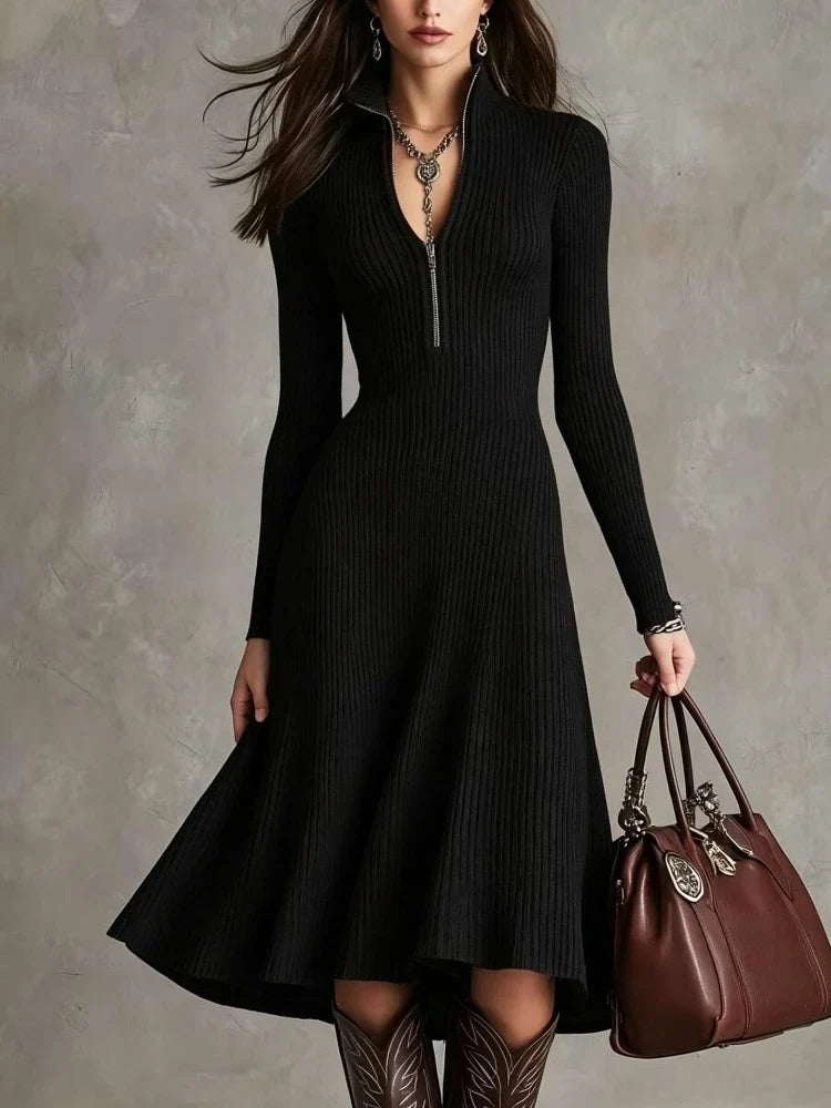 Leah | Women's Dress with Half-Zip and Ribbing