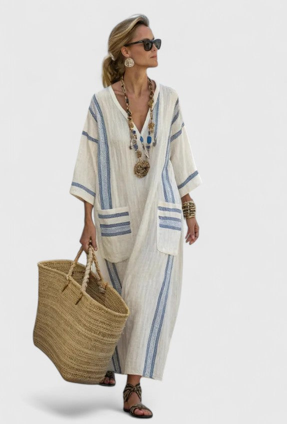 Women’s Linen Blend Kaftan Maxi Dress – Deep V-Neck Stripe Print Airy Flow Dress