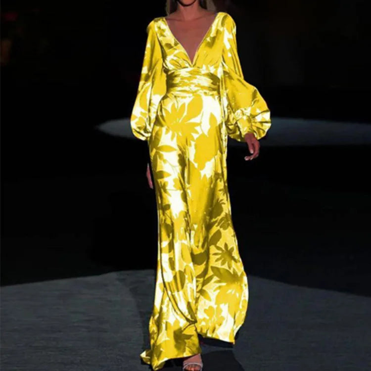 Women’s Botanical Print Satin Maxi Dress – Deep V-Neck Puff Sleeve Elegant Dress