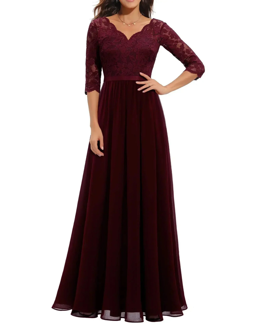 Elegant Alluring Lace Detailing Chantilly Lace Pattern Luxuriously Flowing Evening Gown