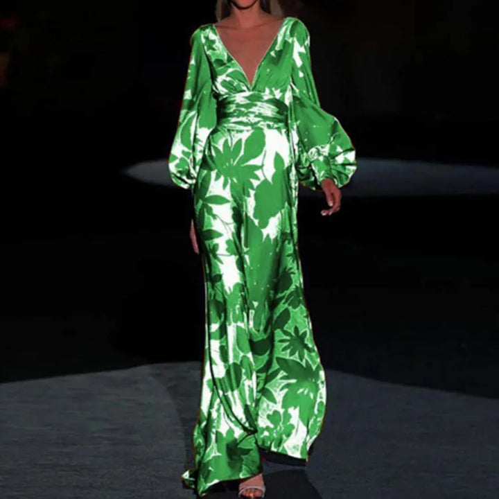 Women’s Botanical Print Satin Maxi Dress – Deep V-Neck Puff Sleeve Elegant Dress