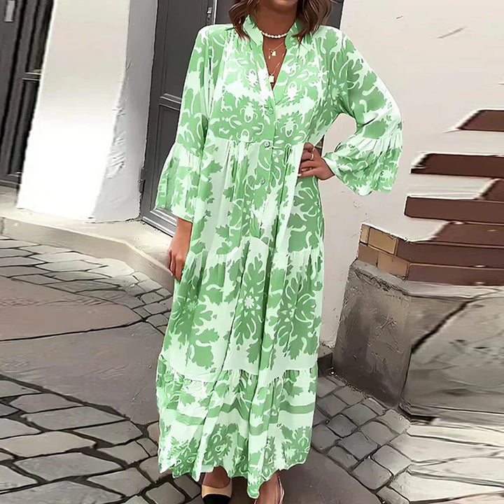 Luxuriously Bohemian Draped Silhouette Printed Flowing Maxi Dress For Timeless Elegance