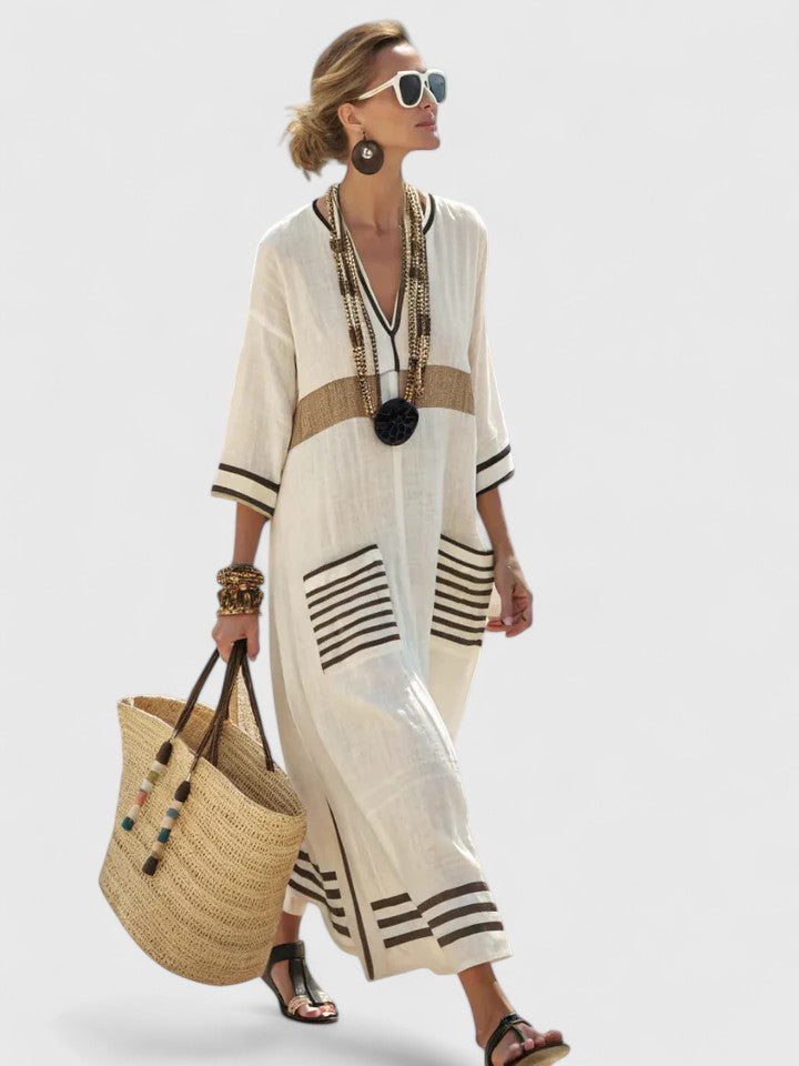 Women’s Striped Maxi Dress – Luxurious Deep V-Neck Draped Flowing Silhouette Dress