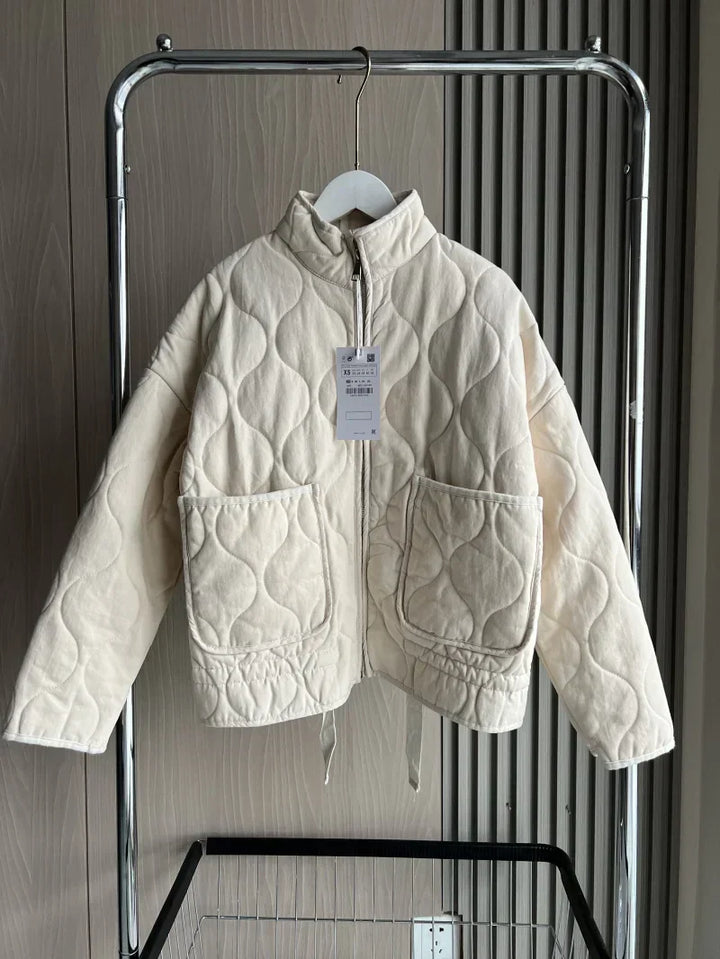 Ladies Cropped Padded Jacket with Pockets and Tie Belt