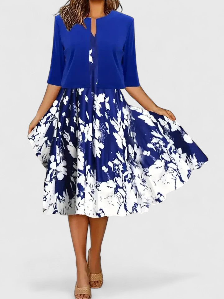 Women’s Color Block Floral Midi Dress – Royal Blue Dramatic Bodice Luxurious Dress
