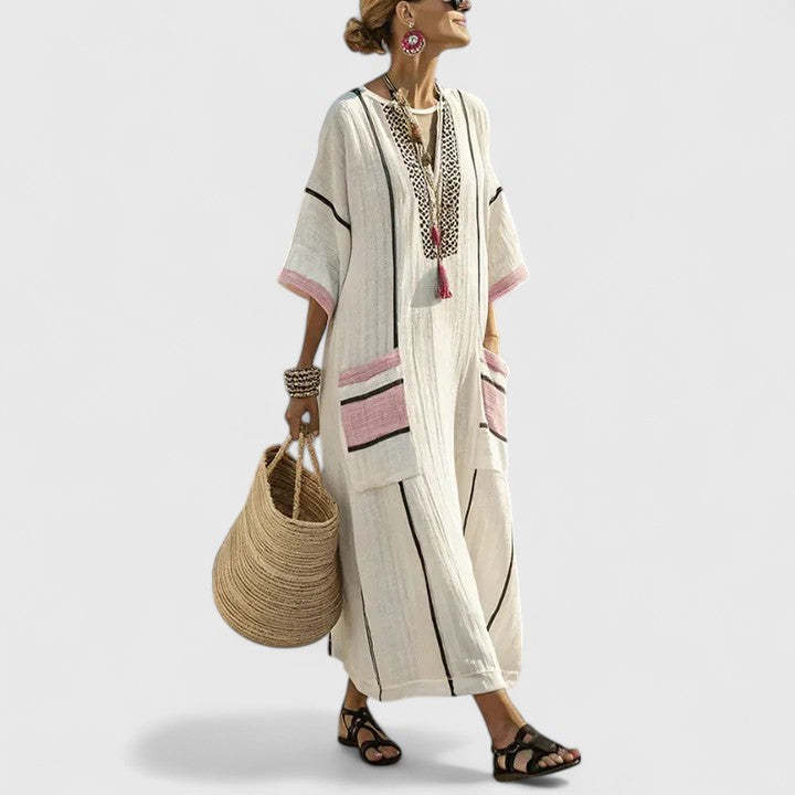 Women’s Mint Stripe Linen Blend Maxi Dress – V-Neck Teal Embroidered Trim Hidden Pockets Dress