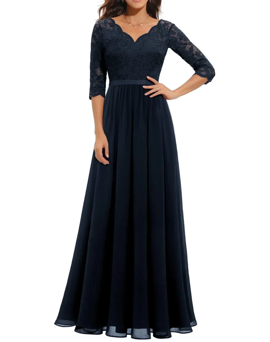 Elegant Alluring Lace Detailing Chantilly Lace Pattern Luxuriously Flowing Evening Gown