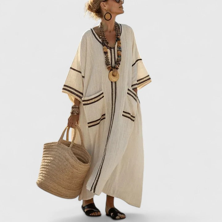 Women’s Mint Stripe Linen Blend Maxi Dress – V-Neck Teal Embroidered Trim Hidden Pockets Dress