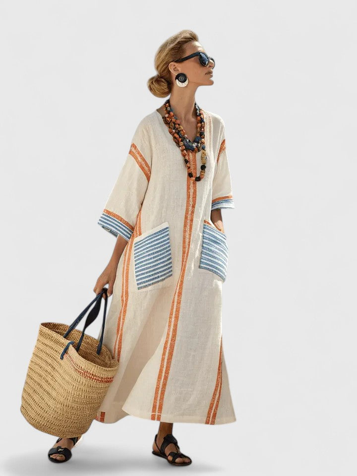 Women’s Linen Blend Kaftan Maxi Dress – Deep V-Neck Stripe Print Airy Flow Dress