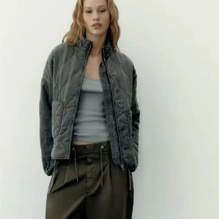 Ladies Cropped Padded Jacket with Pockets and Tie Belt