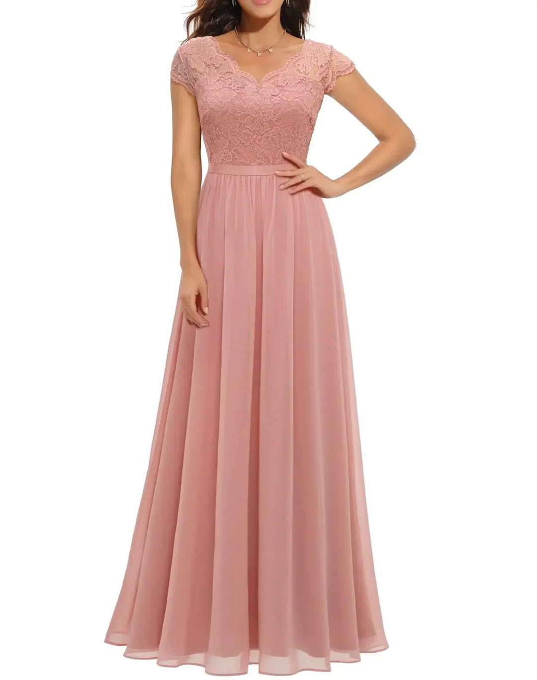 Elegant Alluring Lace Detailing Chantilly Lace Pattern Luxuriously Flowing Evening Gown