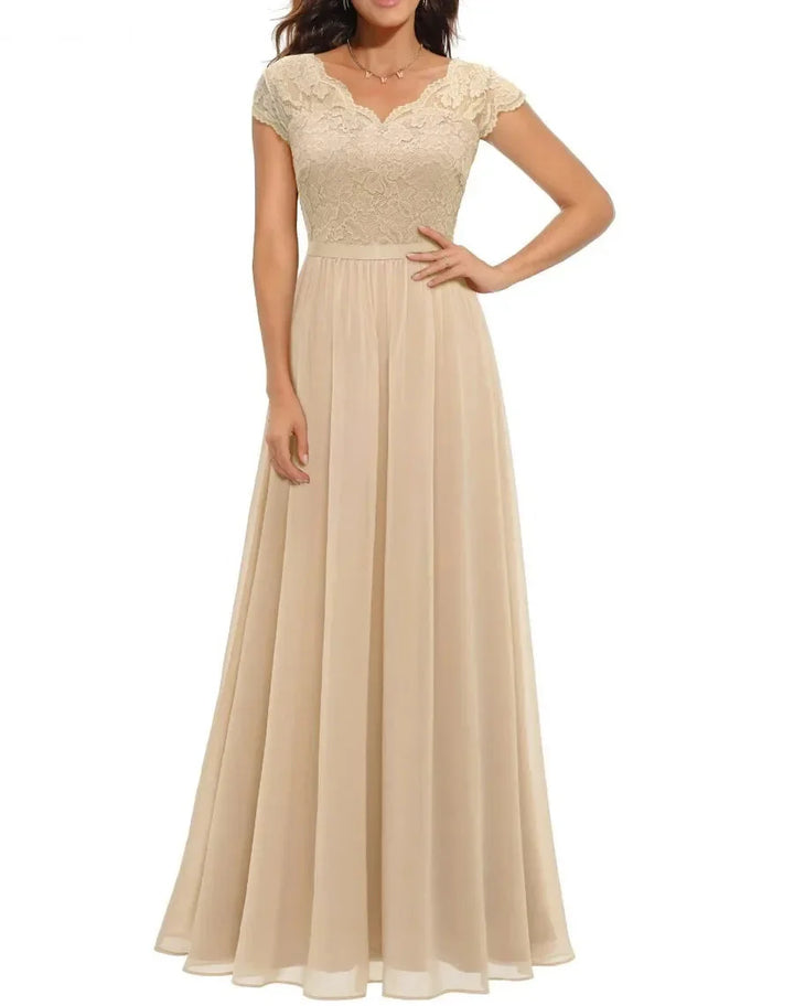 Elegant Alluring Lace Detailing Chantilly Lace Pattern Luxuriously Flowing Evening Gown