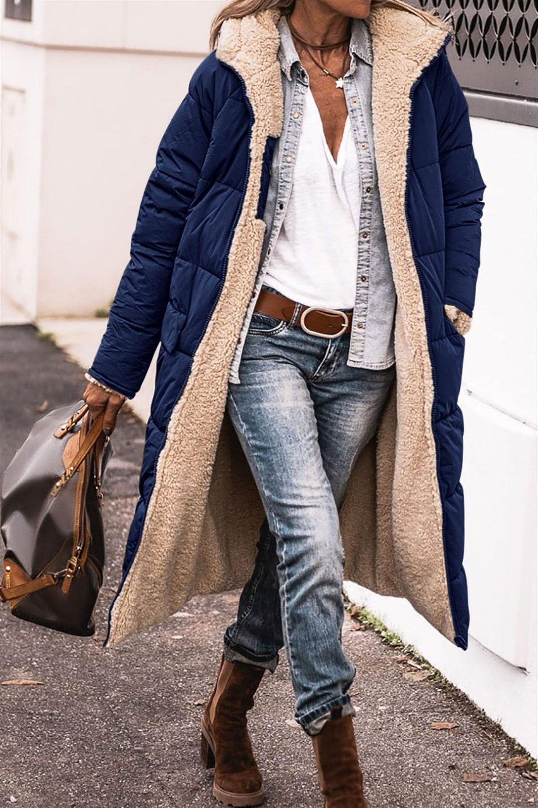 Stylish Long Down Jacket for Women with Sherpa Lining