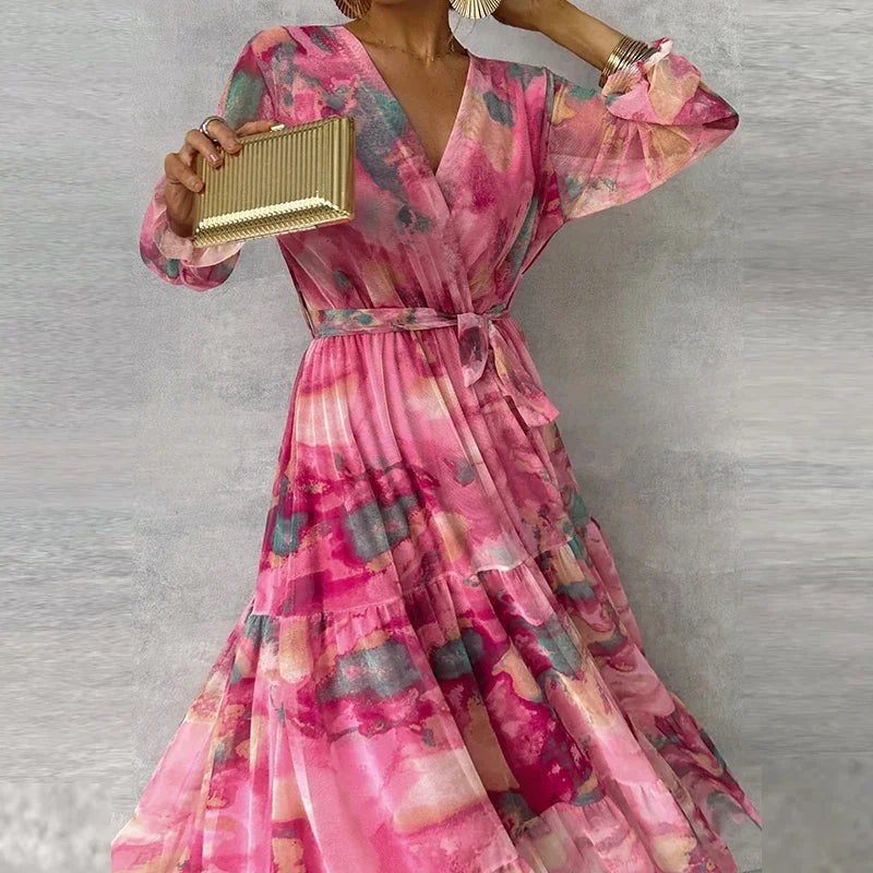 Elegant Flowing Silhouette FloralPrint Handcrafted Evening Garden Party Soirees Dress