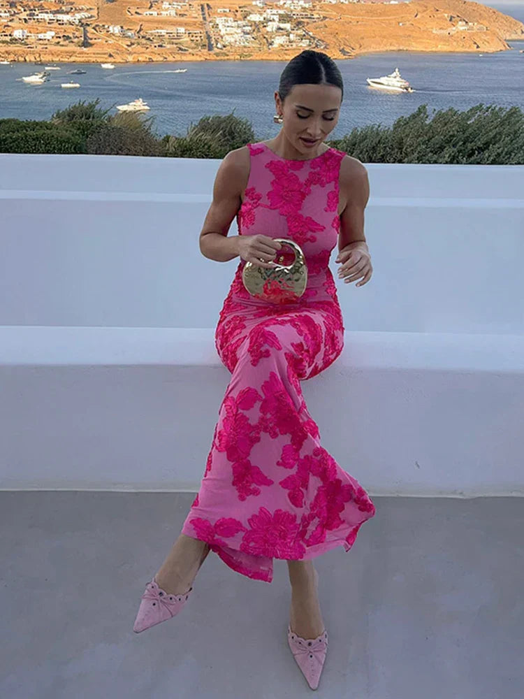 Women’s Floral Crepe Maxi Dress – Elegant Flowing Soft Pink Breathable Dress
