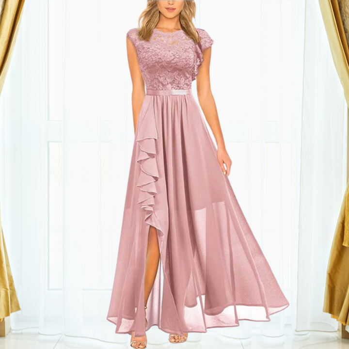 Romantic Exquisitely Embroidered Lacework Chiffon Maxi With Regal Ruffle Dress