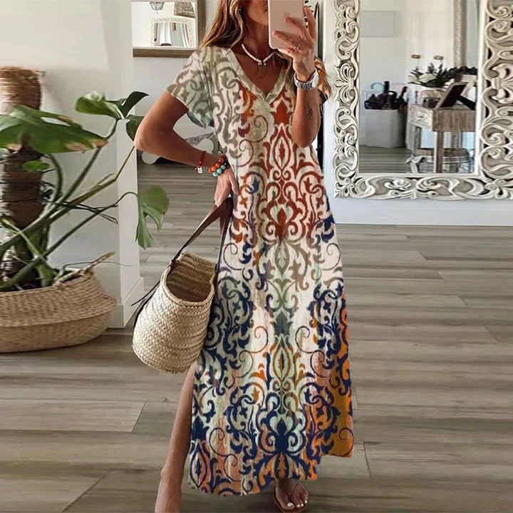 Women’s Boho Chic Damask Print Maxi Dress – Watercolor Floral Short Sleeve Side Split Dress