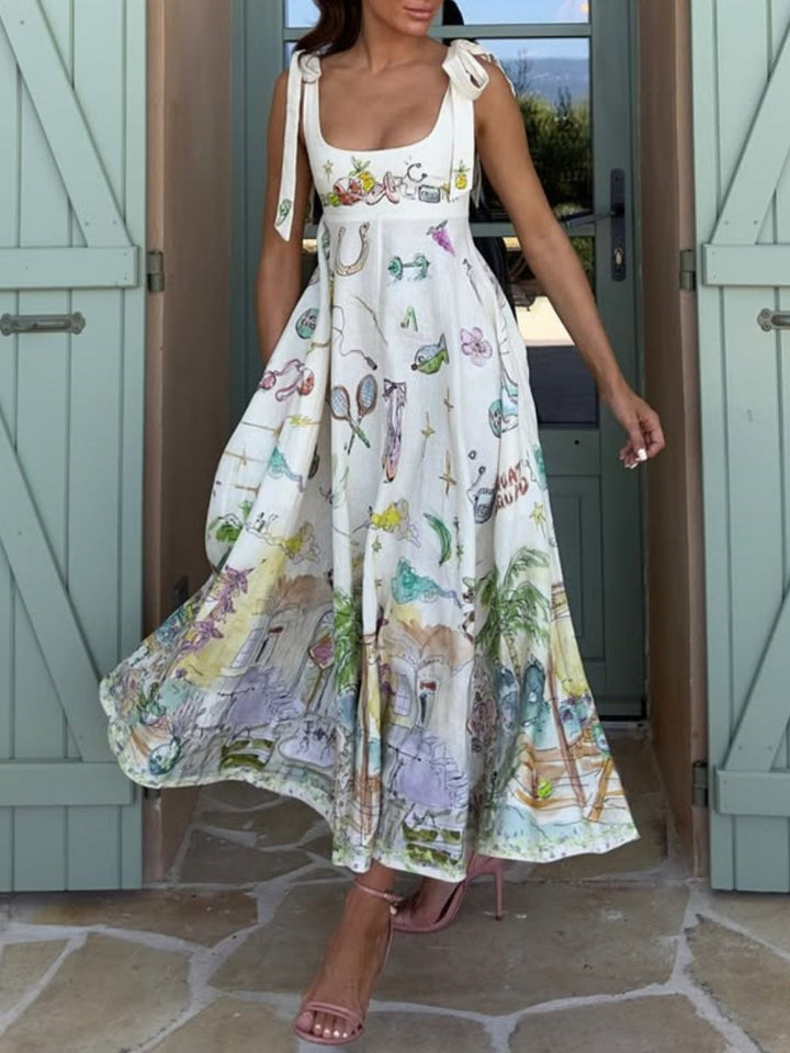 Elegant Ballet Inspired Tie Waist Painted Floral Pattern Flowing Silky Midi Dress