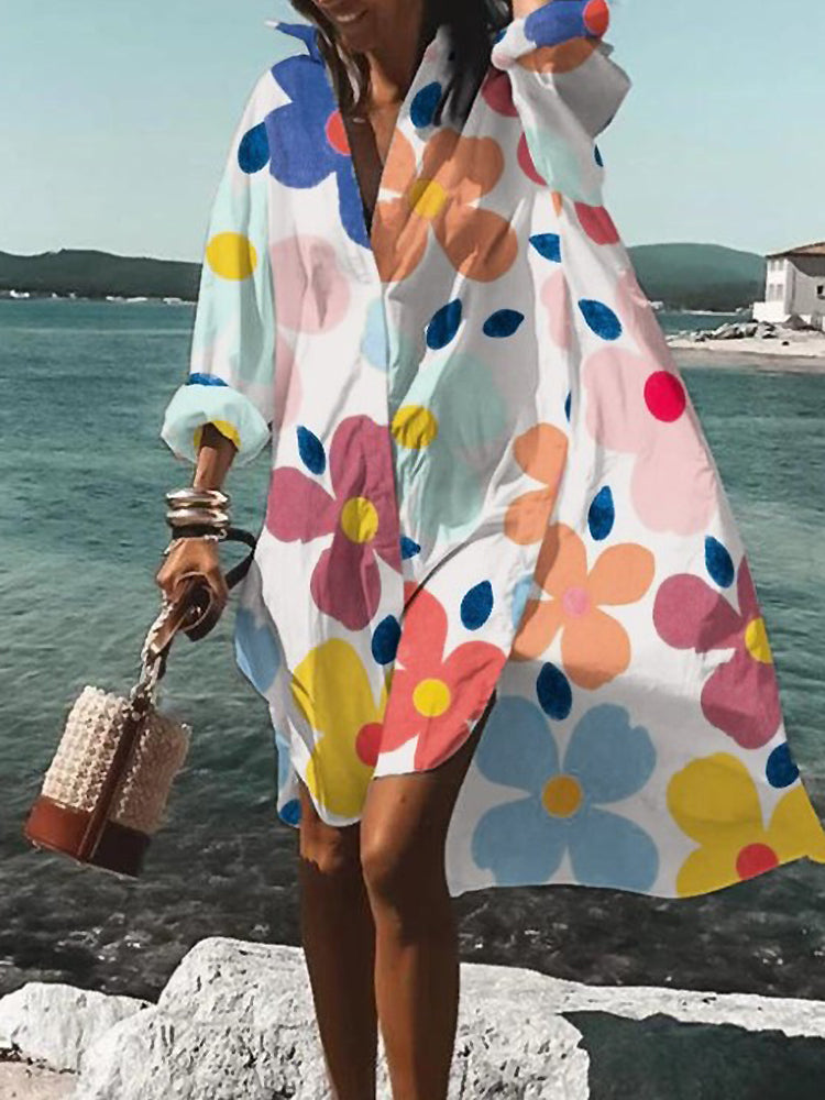 Relaxed Breezy Oversized Vibrant Printed Summer Midi Shirt Dress
